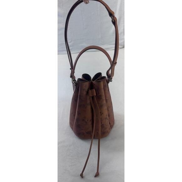 Sundance Made in Italy Brown Floral Leather Bucket Crossbody Bag RemoveableStrap - Picture 6 of 16
